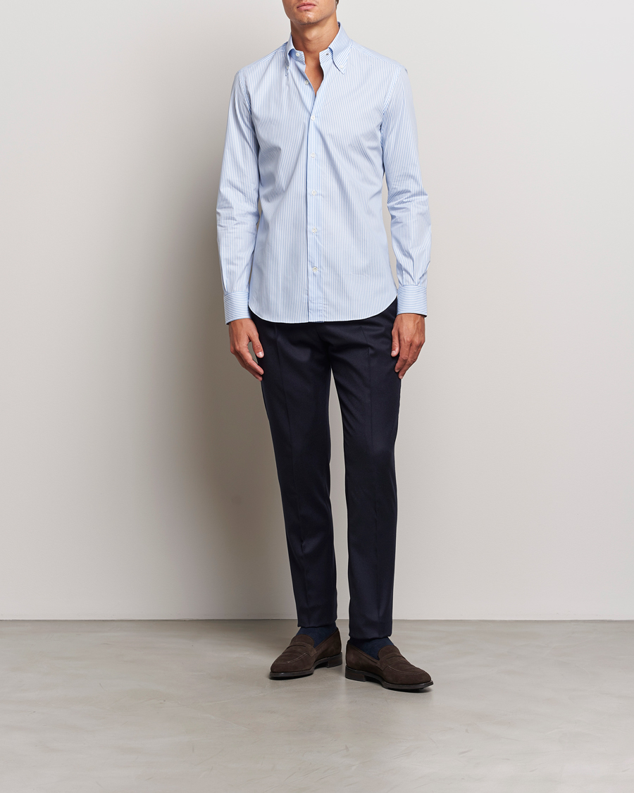 Homme | Chemises | Mazzarelli | Soft Cotton Striped Button Down Shirt Light Blue
