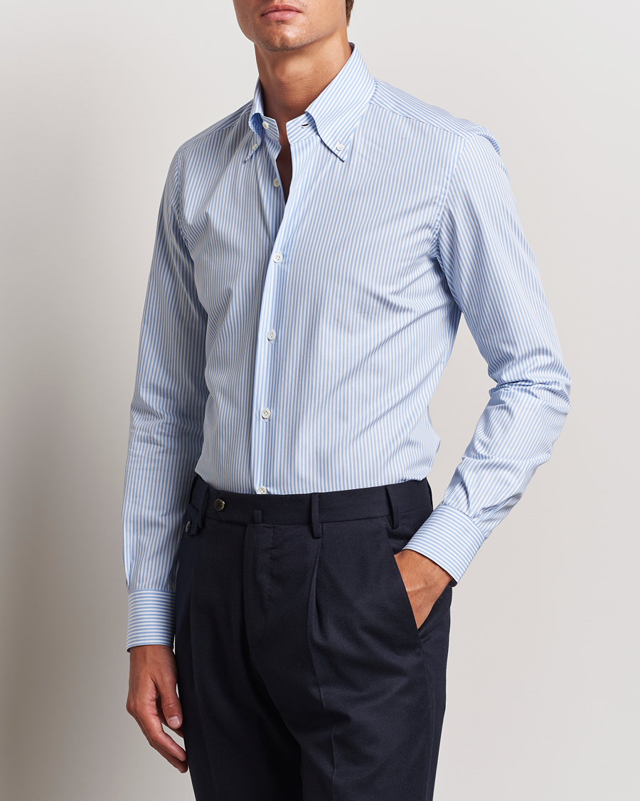 Homme | Chemises | Mazzarelli | Soft Cotton Striped Button Down Shirt Light Blue
