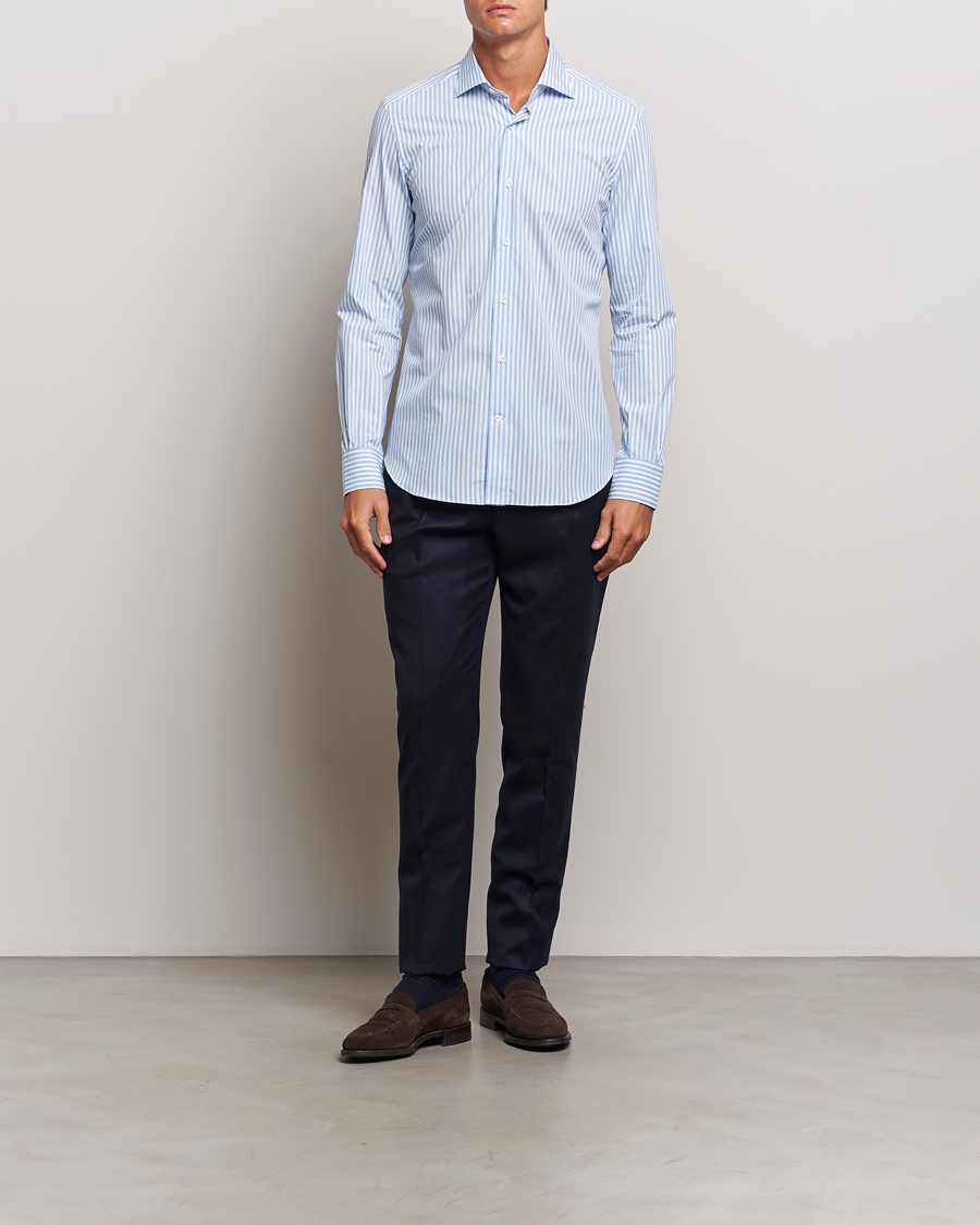 Homme | Chemises | Mazzarelli | Soft Cotton Striped Cut Away Shirt Light Blue