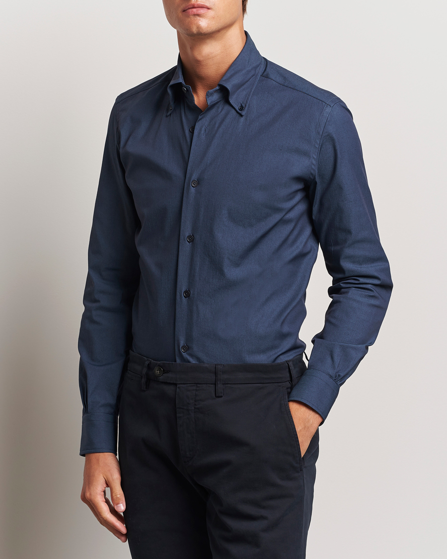 Homme | Chemises | Mazzarelli | Soft Garment Dyed Button Down Shirt Navy