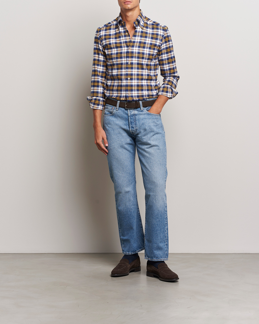 Homme | Chemises | Mazzarelli | Soft Flannel Check Button Down Shirt Blue/White
