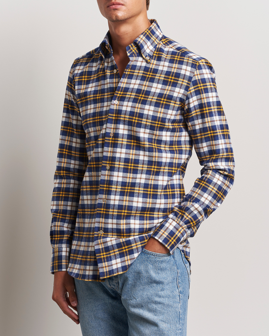 Homme | Chemises | Mazzarelli | Soft Flannel Check Button Down Shirt Blue/White