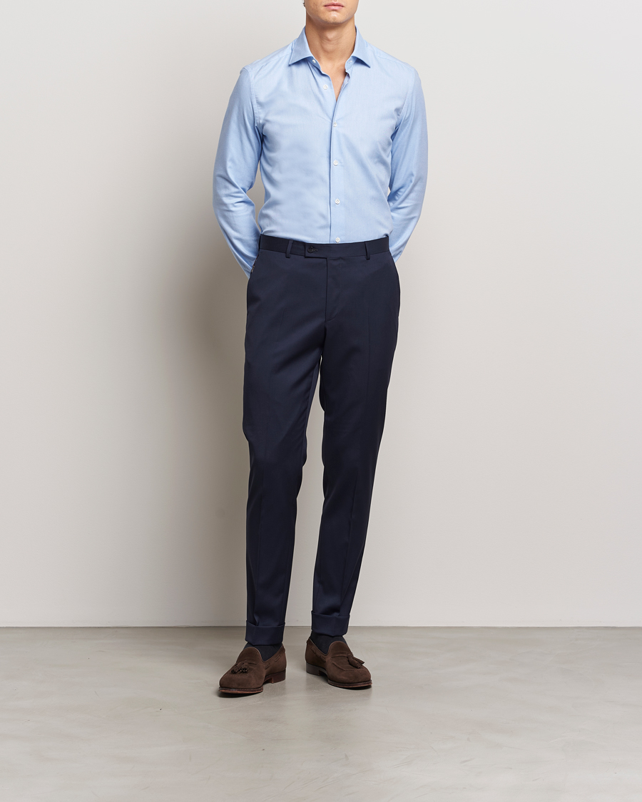 Homme | Chemises | Mazzarelli | Soft Flannel Cut Away Shirt Light Blue