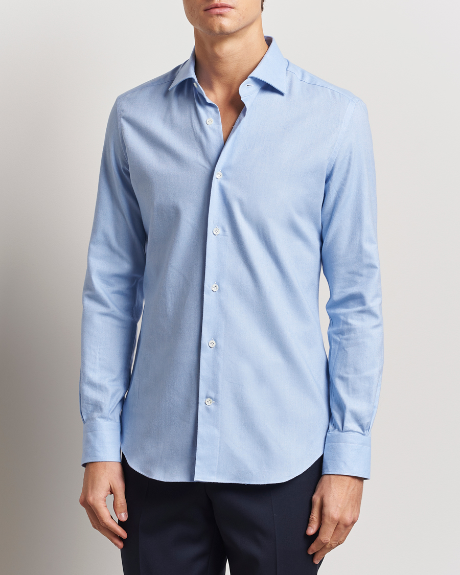 Homme | Chemises | Mazzarelli | Soft Flannel Cut Away Shirt Light Blue