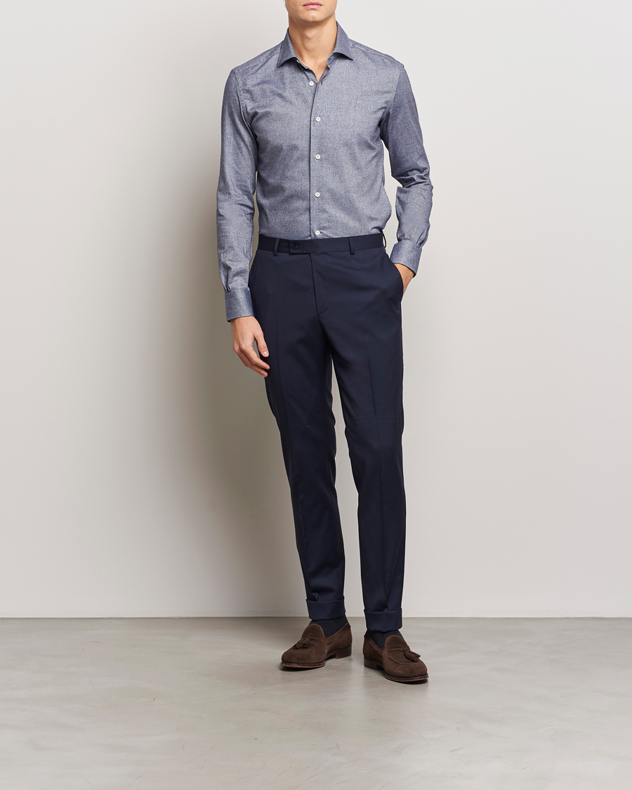 Homme | Chemises | Mazzarelli | Soft Flannel Cut Away Shirt Dark Blue