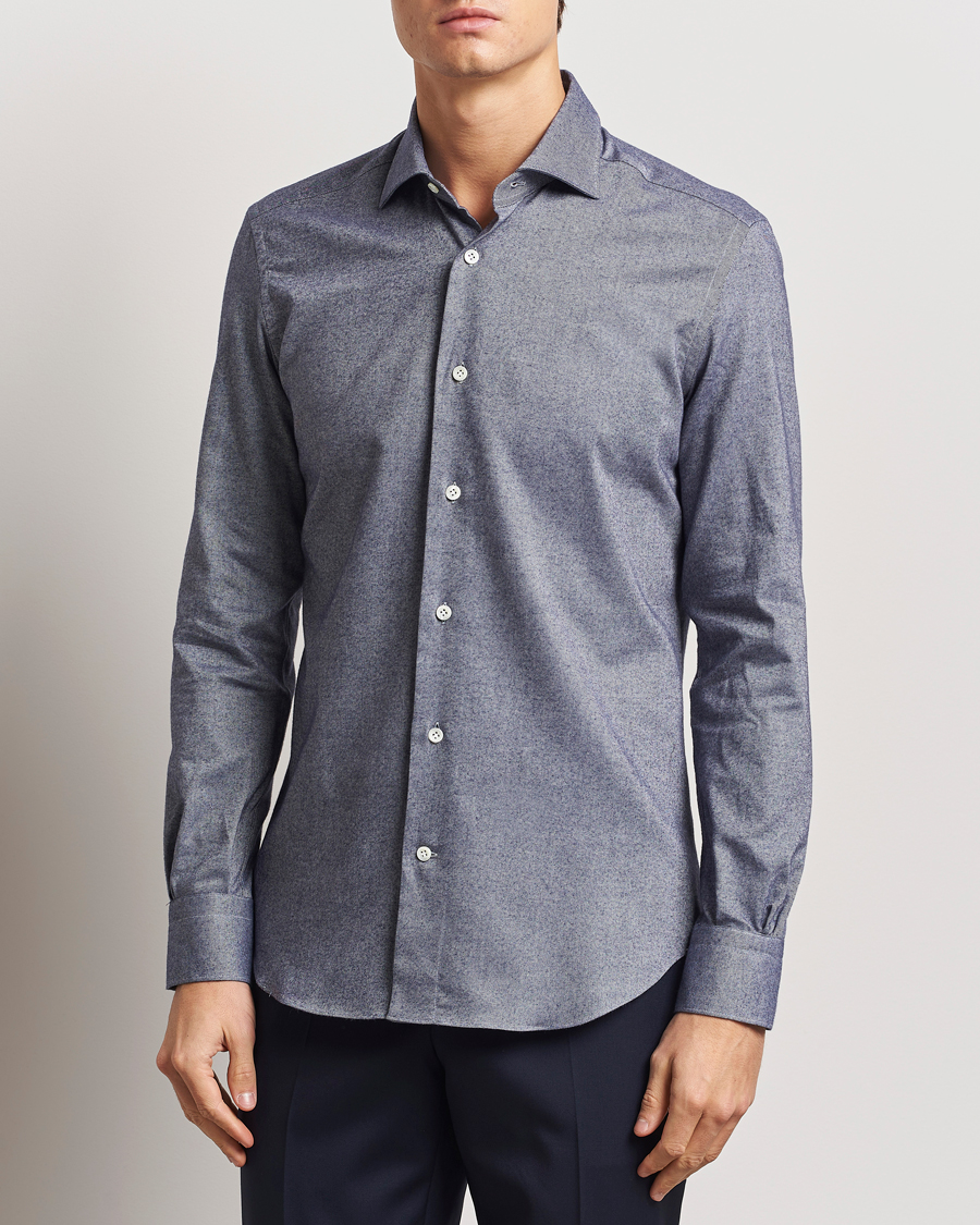 Homme | Chemises | Mazzarelli | Soft Flannel Cut Away Shirt Dark Blue