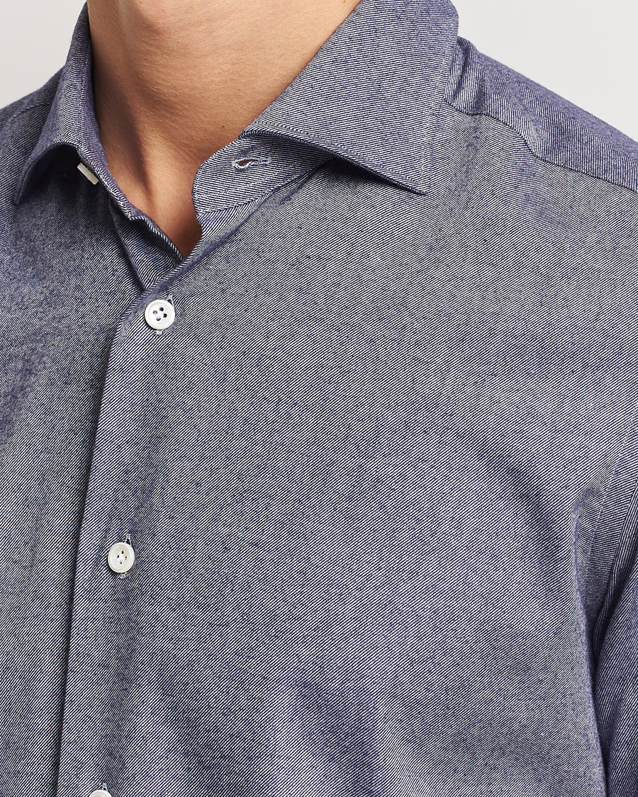 Homme | Chemises | Mazzarelli | Soft Flannel Cut Away Shirt Dark Blue