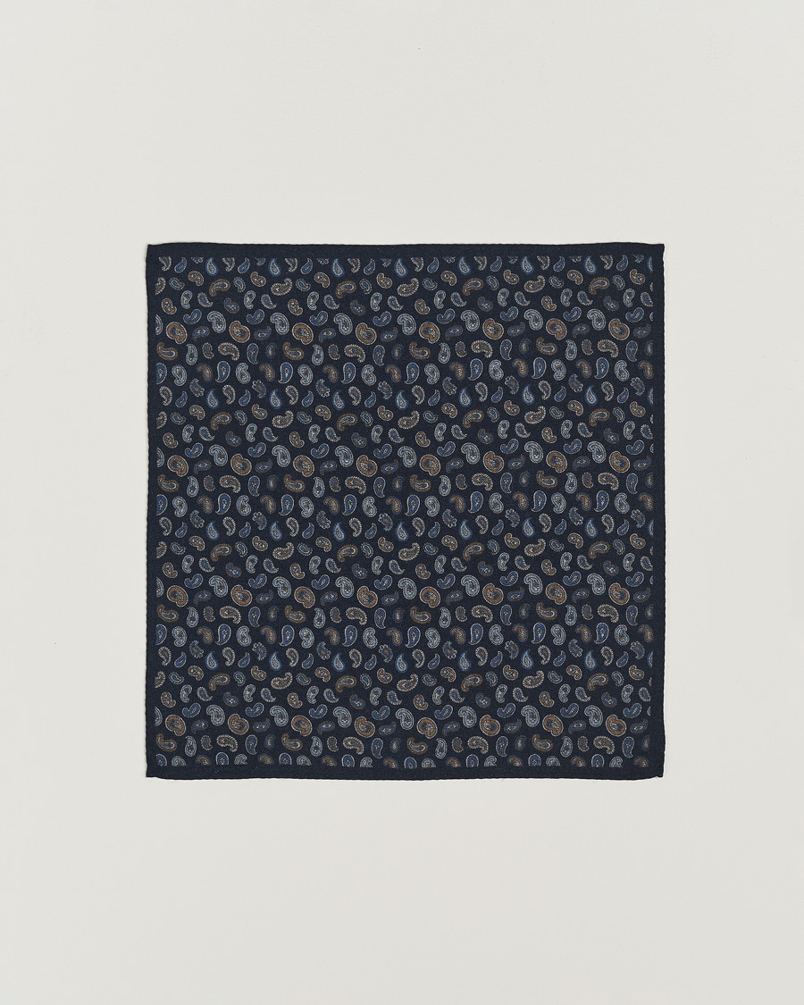 Homme | Amanda Christensen Wool Flannel Printed Paisley Pocket Square Navy | Amanda Christensen | Wool Flannel Printed Paisley Pocket Square Navy