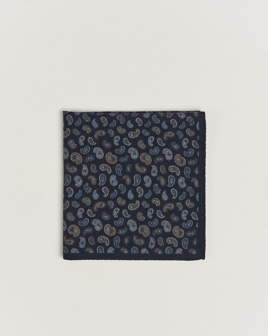 Homme | Amanda Christensen Wool Flannel Printed Paisley Pocket Square Navy | Amanda Christensen | Wool Flannel Printed Paisley Pocket Square Navy