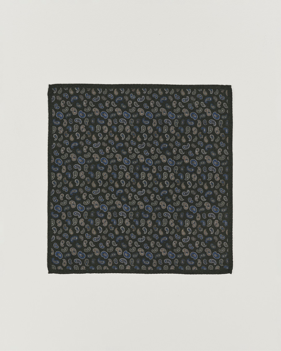 Homme | Amanda Christensen Wool Flannel Printed Paisley Pocket Square Dark Olive | Amanda Christensen | Wool Flannel Printed Paisley Pocket Square Dark Olive