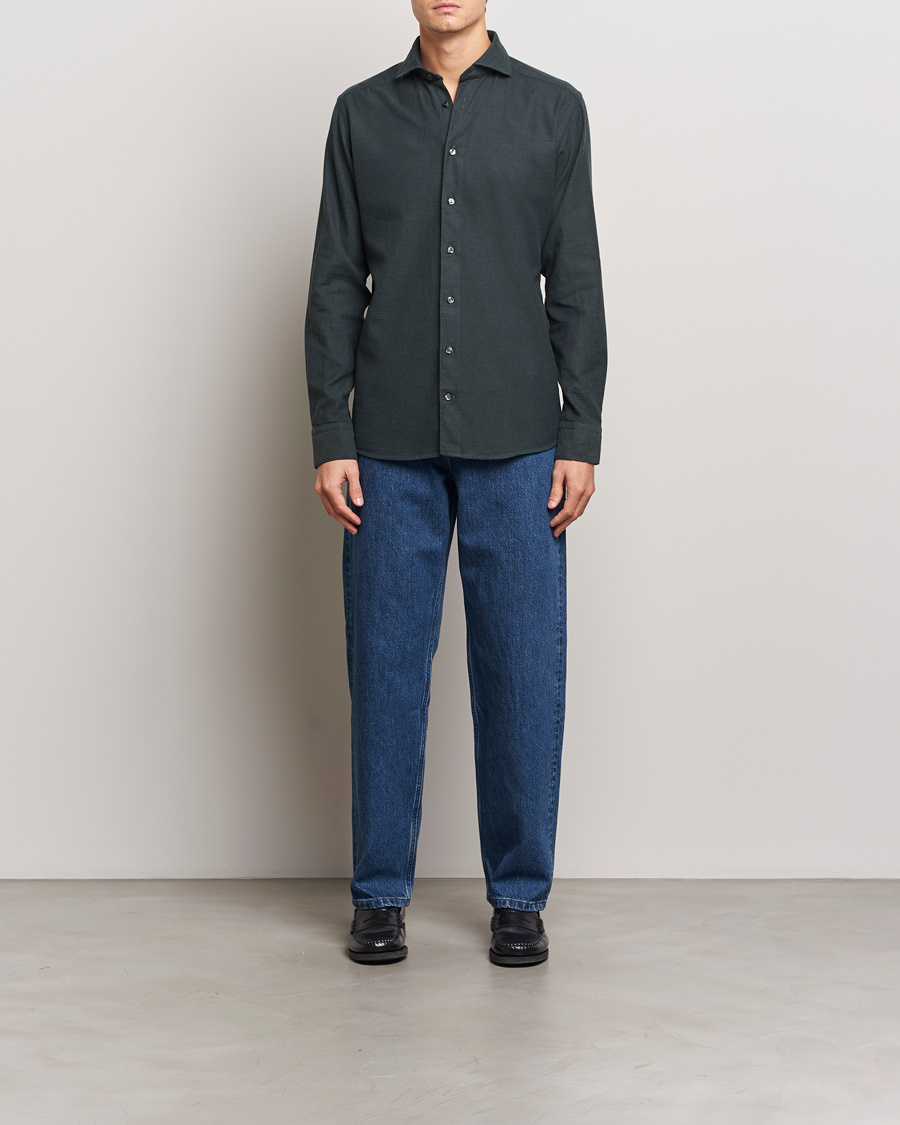 Homme | Chemises | Eton | Slim Fit Twill Flannel Shirt Dark Green