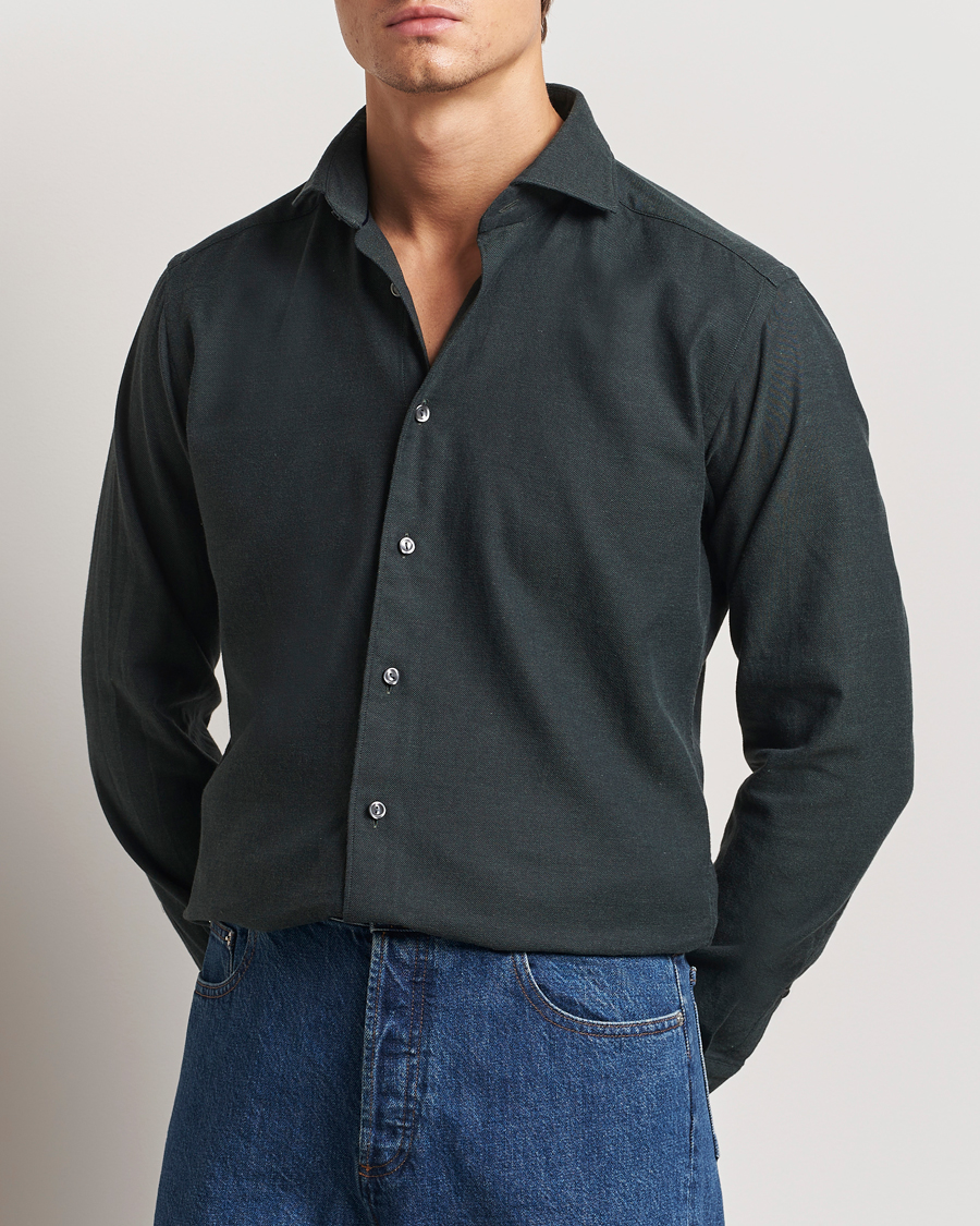 Homme | Chemises | Eton | Slim Fit Twill Flannel Shirt Dark Green