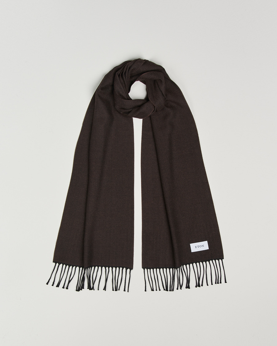 Homme | Eton Merino Wool Herringbone Scarf Dark Brown | Eton | Merino Wool Herringbone Scarf Dark Brown