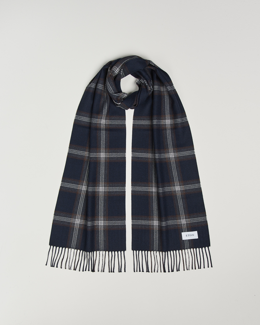 Homme | Eton Merino Wool Checked Scarf Navy Blue | Eton | Merino Wool Checked Scarf Navy Blue