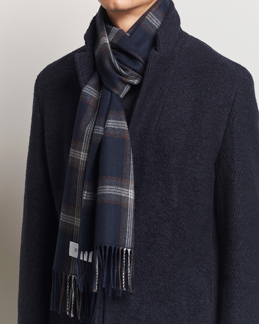 Homme | Eton Merino Wool Checked Scarf Navy Blue | Eton | Merino Wool Checked Scarf Navy Blue
