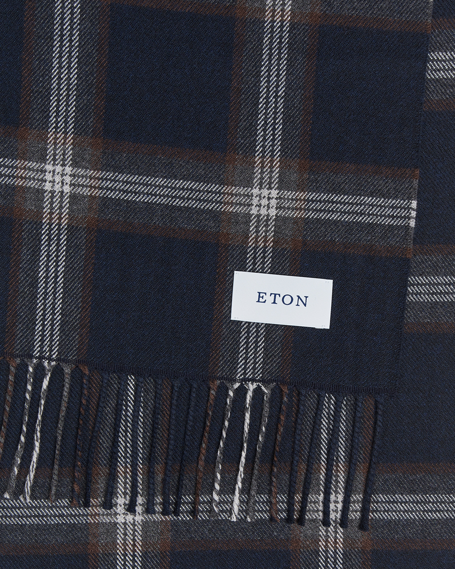 Homme | Eton Merino Wool Checked Scarf Navy Blue | Eton | Merino Wool Checked Scarf Navy Blue
