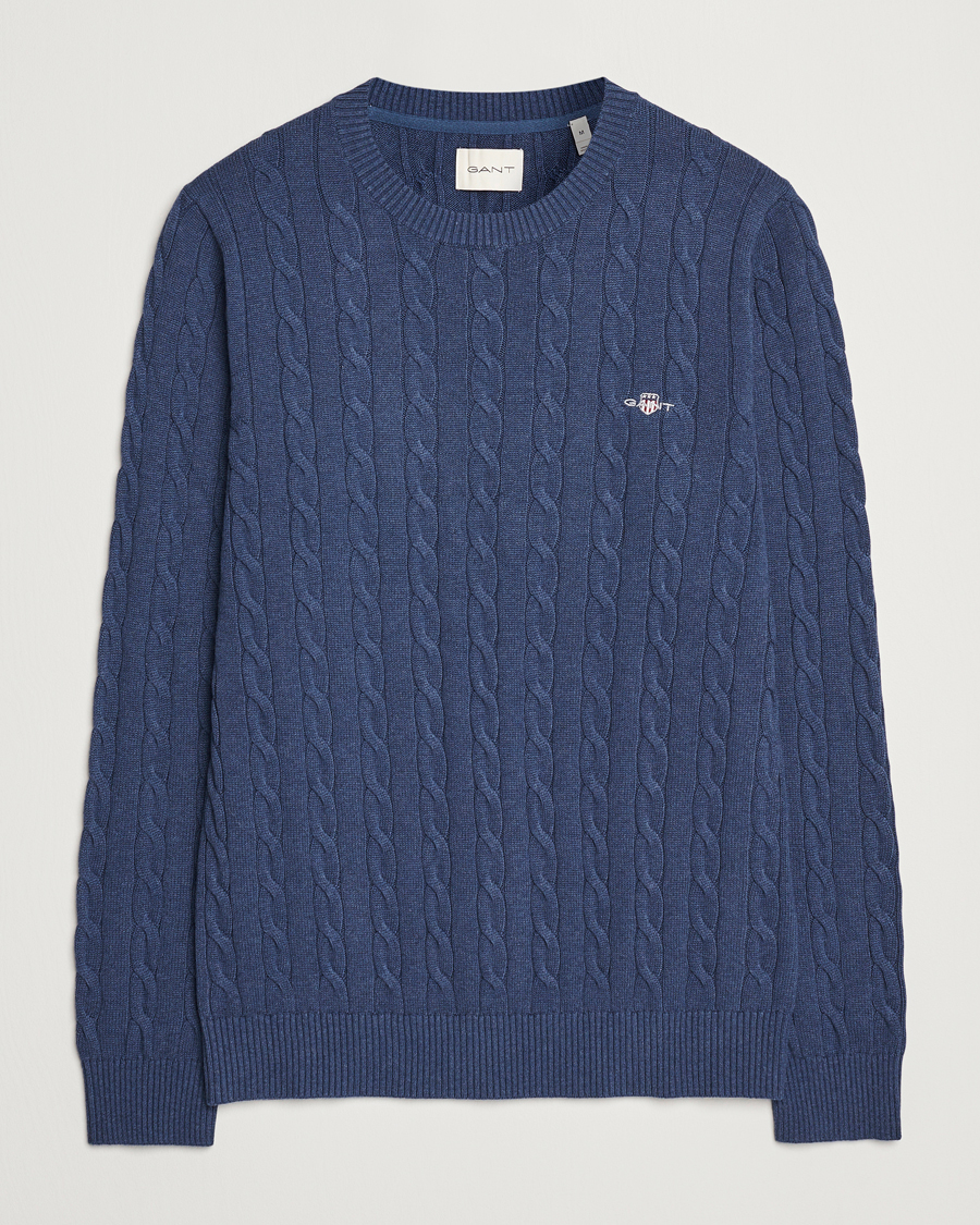Homme | Pulls Et Tricots | GANT | Cotton Cable Crew Neck Dark Jeans Blue Melange