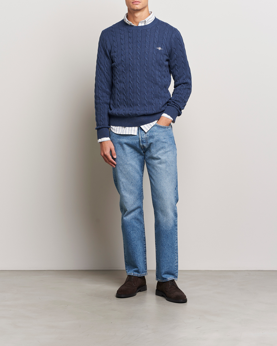 Homme | Pulls Et Tricots | GANT | Cotton Cable Crew Neck Dark Jeans Blue Melange