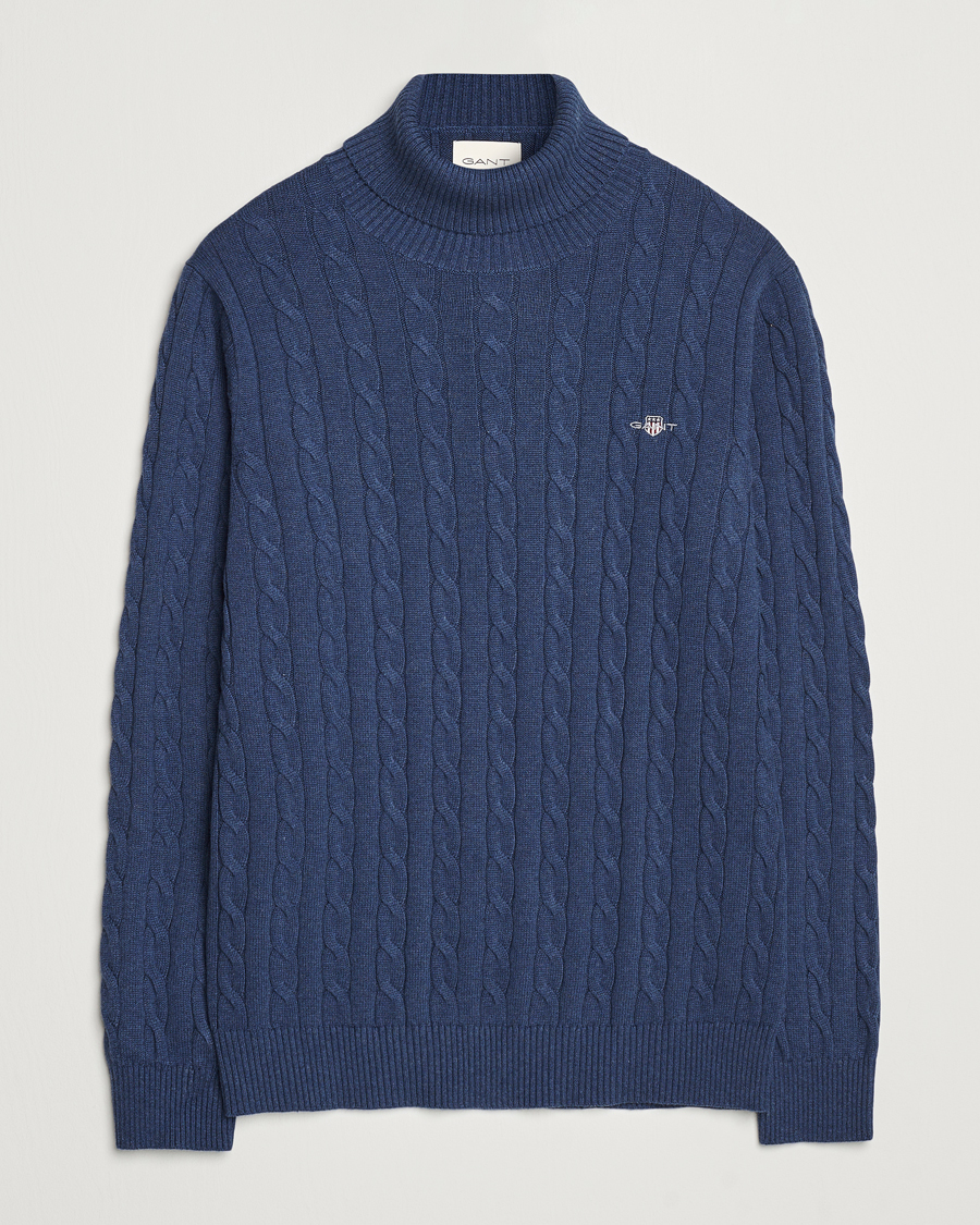 Homme | Pulls Et Tricots | GANT | Cotton Cable Turtle Neck Dark Jeans Blue Melange