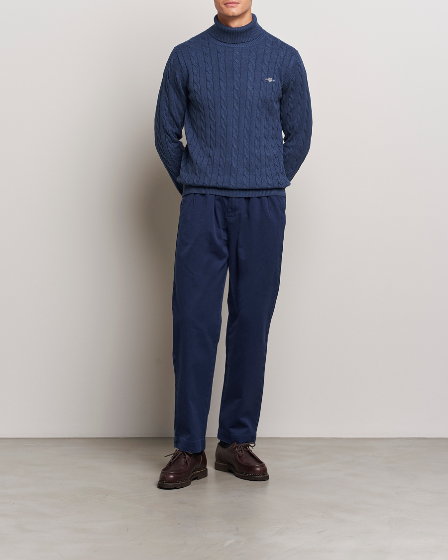 Homme | Pulls Et Tricots | GANT | Cotton Cable Turtle Neck Dark Jeans Blue Melange