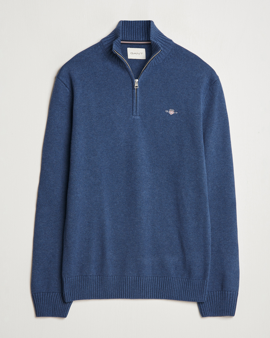 Homme | Pulls Et Tricots | GANT | Casual Cotton Half Zip Dark Jeans Blue Melange