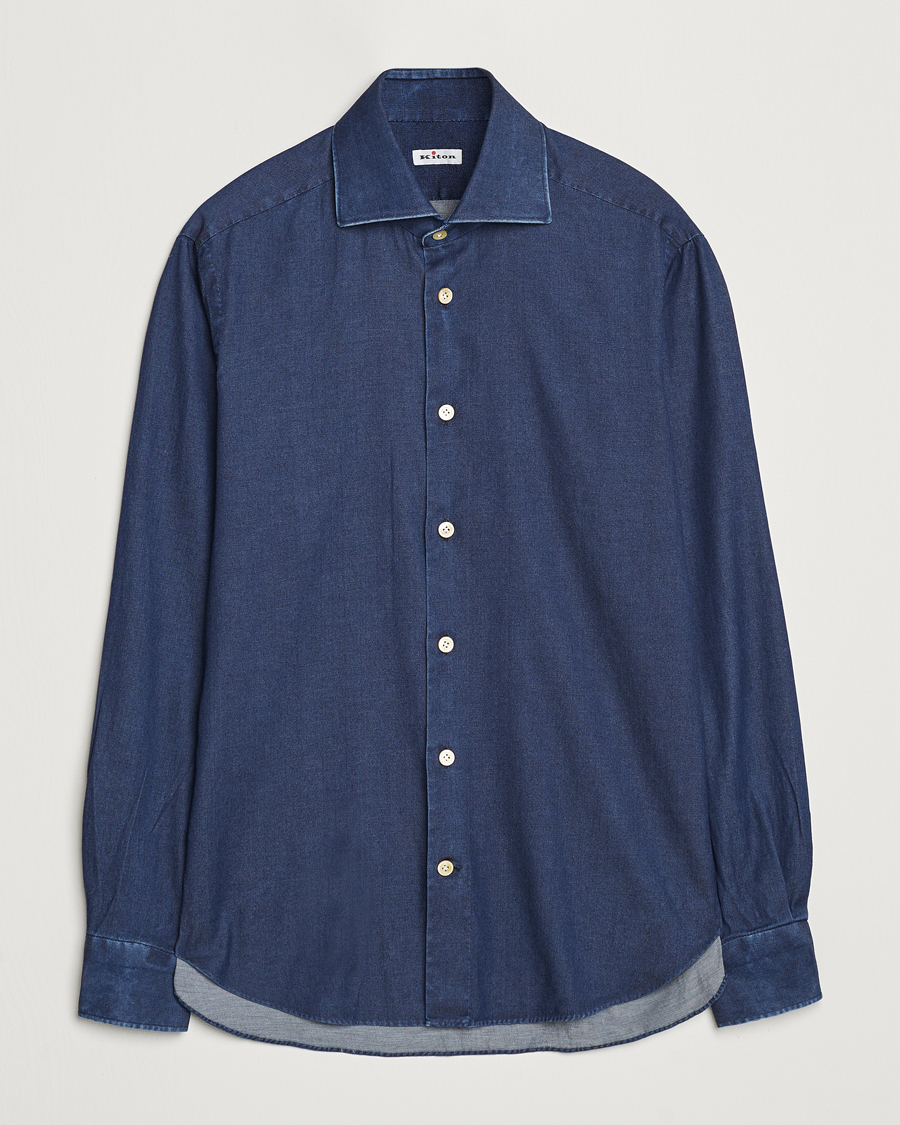 Homme | Chemises | Kiton | Stretch Denim Cut Away Shirt Blue Indigo