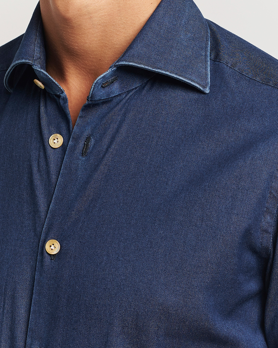Homme | Chemises | Kiton | Stretch Denim Cut Away Shirt Blue Indigo