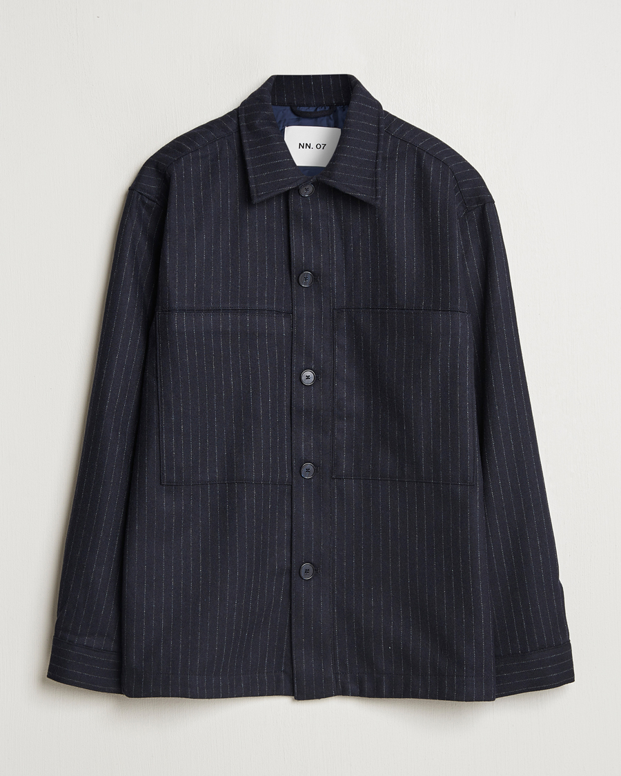Homme | Chemises | NN07 | Isak Wool Overshirt Navy Blue Pinstripe