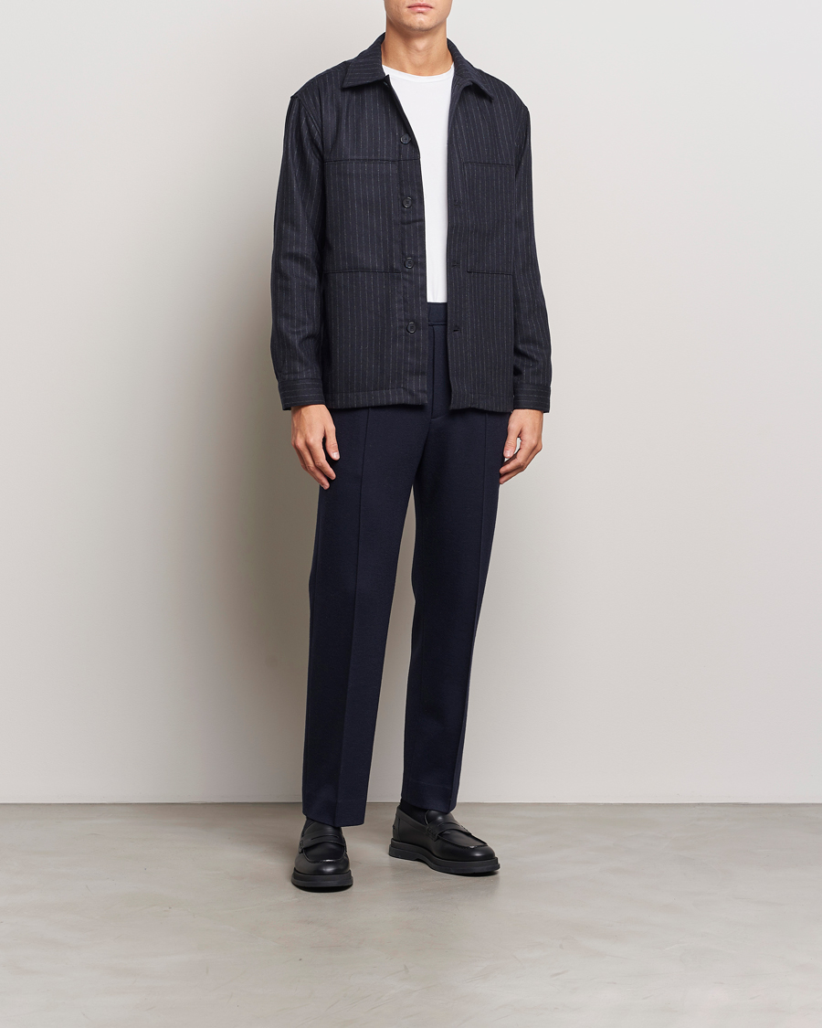 Homme | Chemises | NN07 | Isak Wool Overshirt Navy Blue Pinstripe