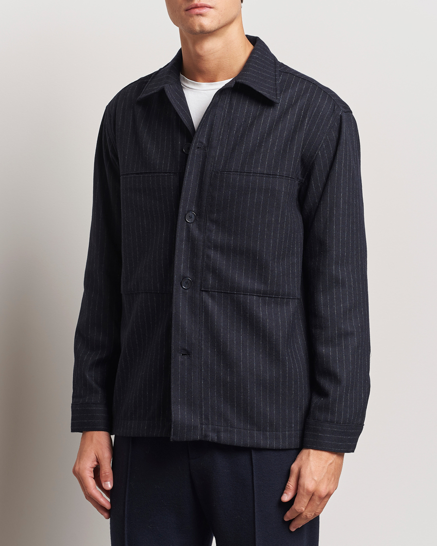Homme | Chemises | NN07 | Isak Wool Overshirt Navy Blue Pinstripe