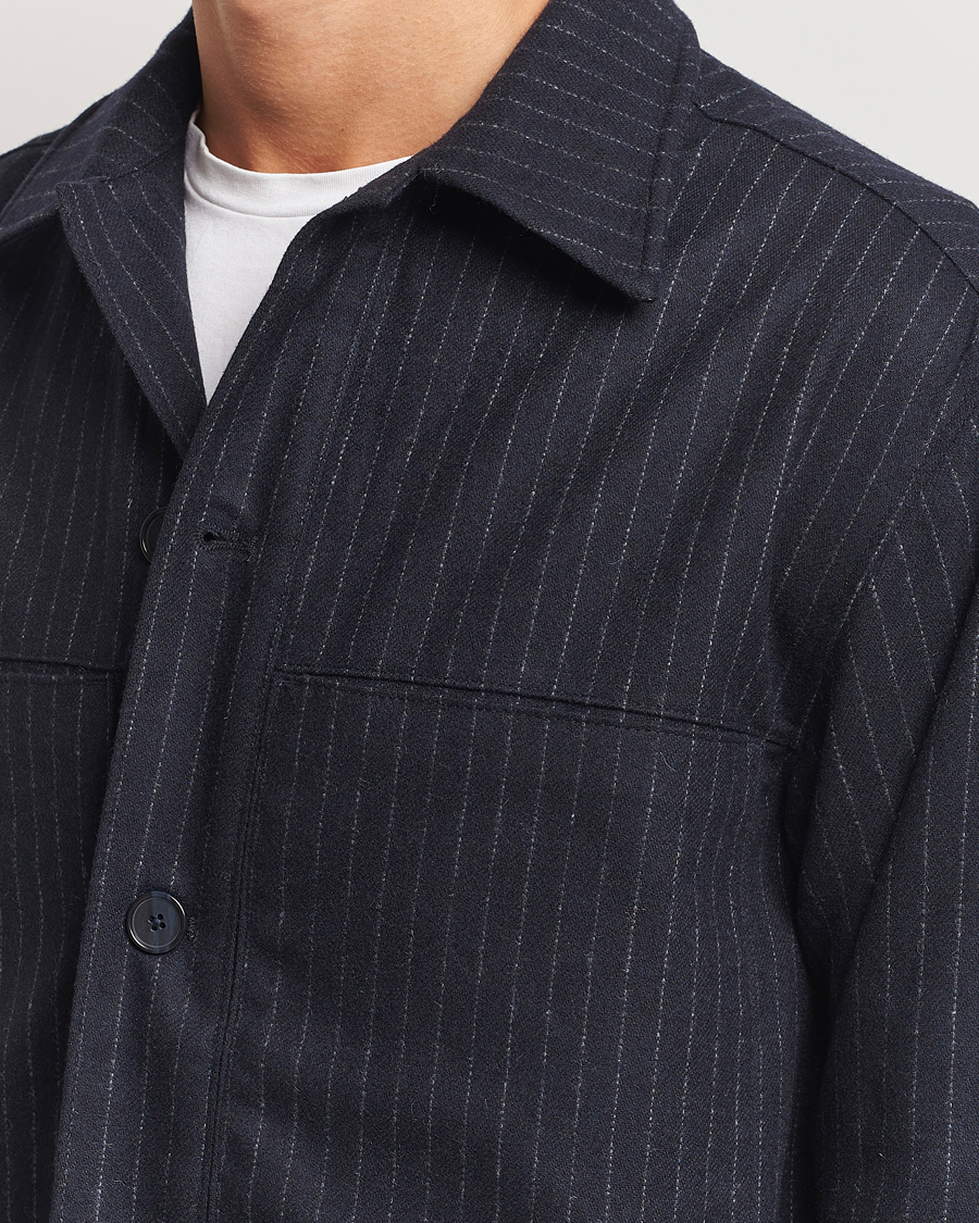 Homme | Chemises | NN07 | Isak Wool Overshirt Navy Blue Pinstripe