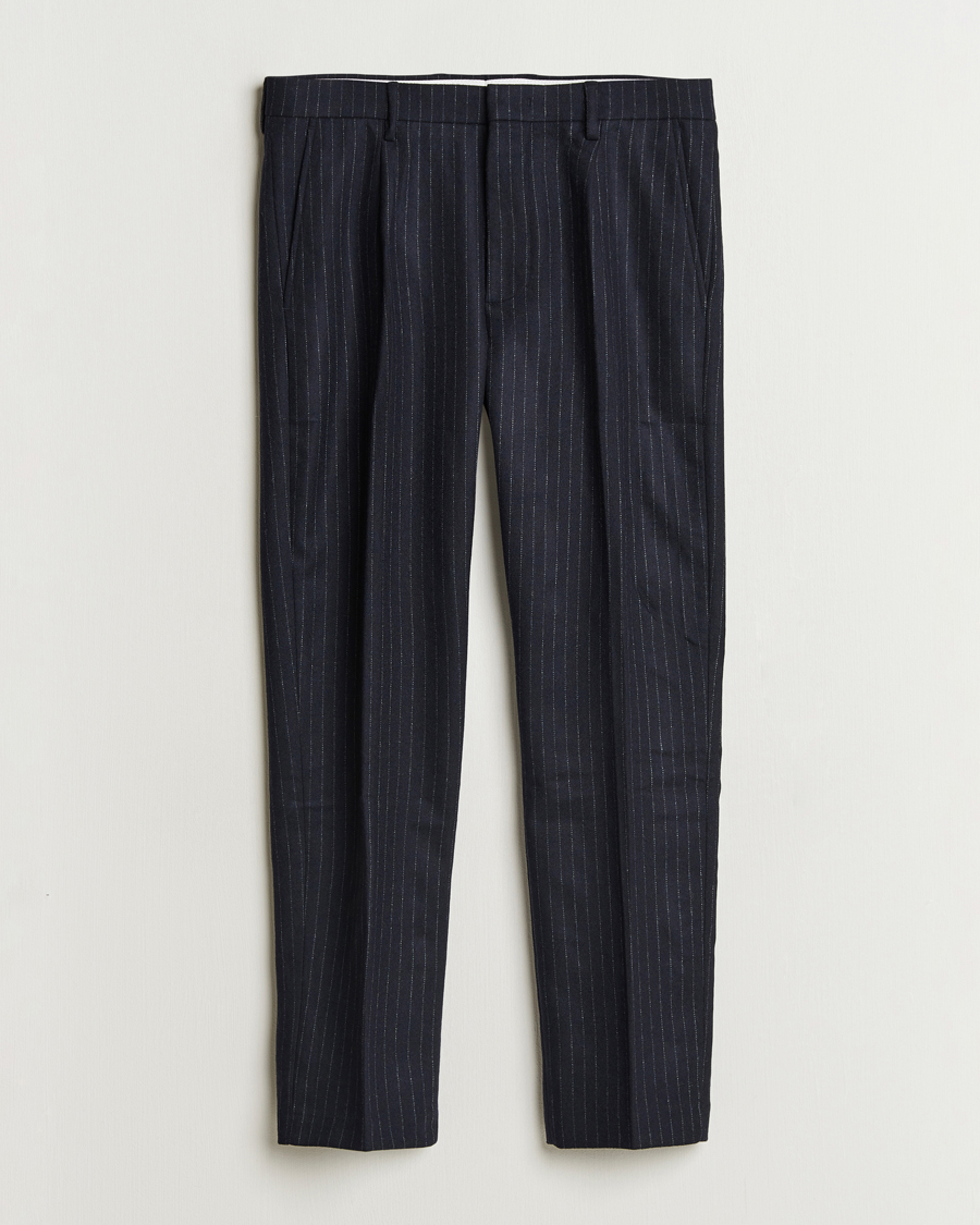 Homme | Pantalons | NN07 | Bill Wool Pleated Trousers Navy Blue Pinstripe
