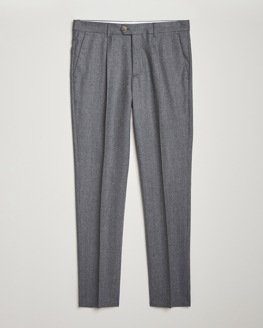 Homme | Pantalons | Brunello Cucinelli | Slim Fit Pleated Flannel Trousers Grey Melange
