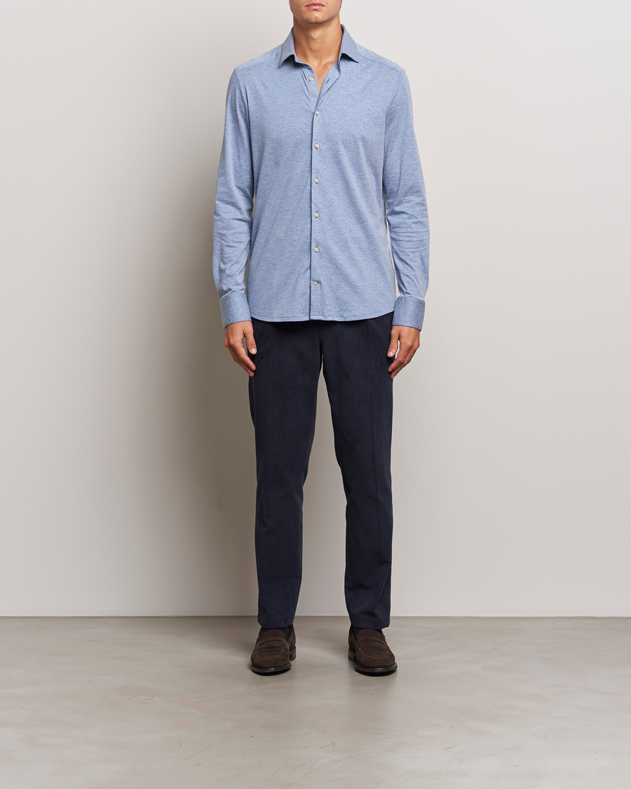 Homme | Chemises | Stenströms | Slimline 4-Way Stretch Jersey Shirt Blue