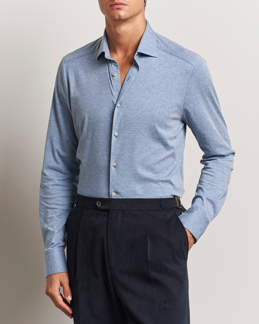 Homme | Chemises | Stenströms | Slimline 4-Way Stretch Jersey Shirt Blue