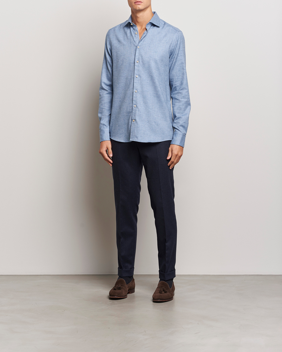 Homme | Chemises | Stenströms | Slimline Brushed Cotton/Lyocell Cut Away Shirt Blue