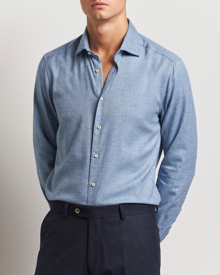 Homme | Chemises | Stenströms | Slimline Brushed Cotton/Lyocell Cut Away Shirt Blue