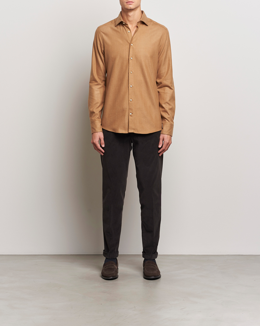 Homme | Chemises | Stenströms | Slimline Brushed Cotton/Lyocell Cut Away Shirt Brown