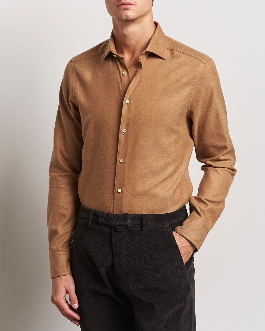 Homme | Chemises | Stenströms | Slimline Brushed Cotton/Lyocell Cut Away Shirt Brown