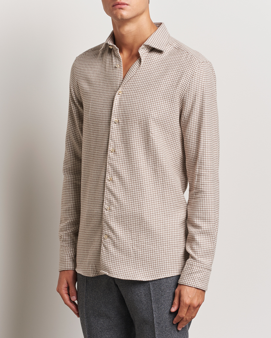 Homme | Chemises | Stenströms | Slimline Flannel Houndstooth Shirt Light Brown