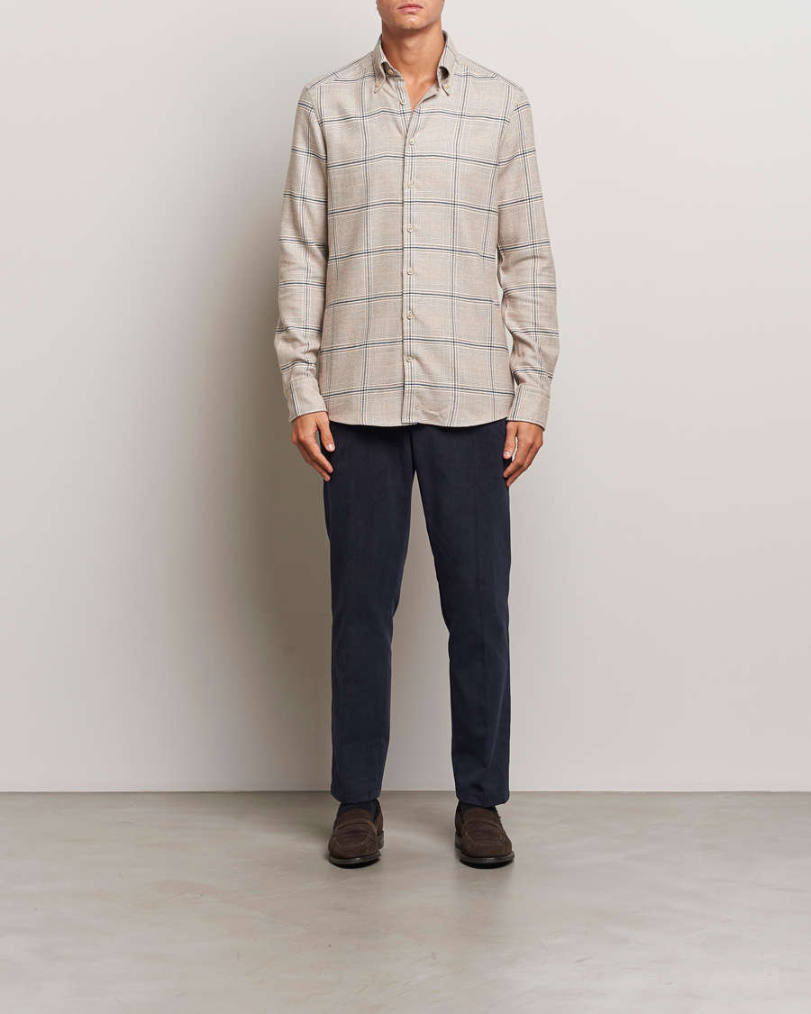 Homme | Chemises | Stenströms | Slimline Flannel Overcheck Shirt Light Brown