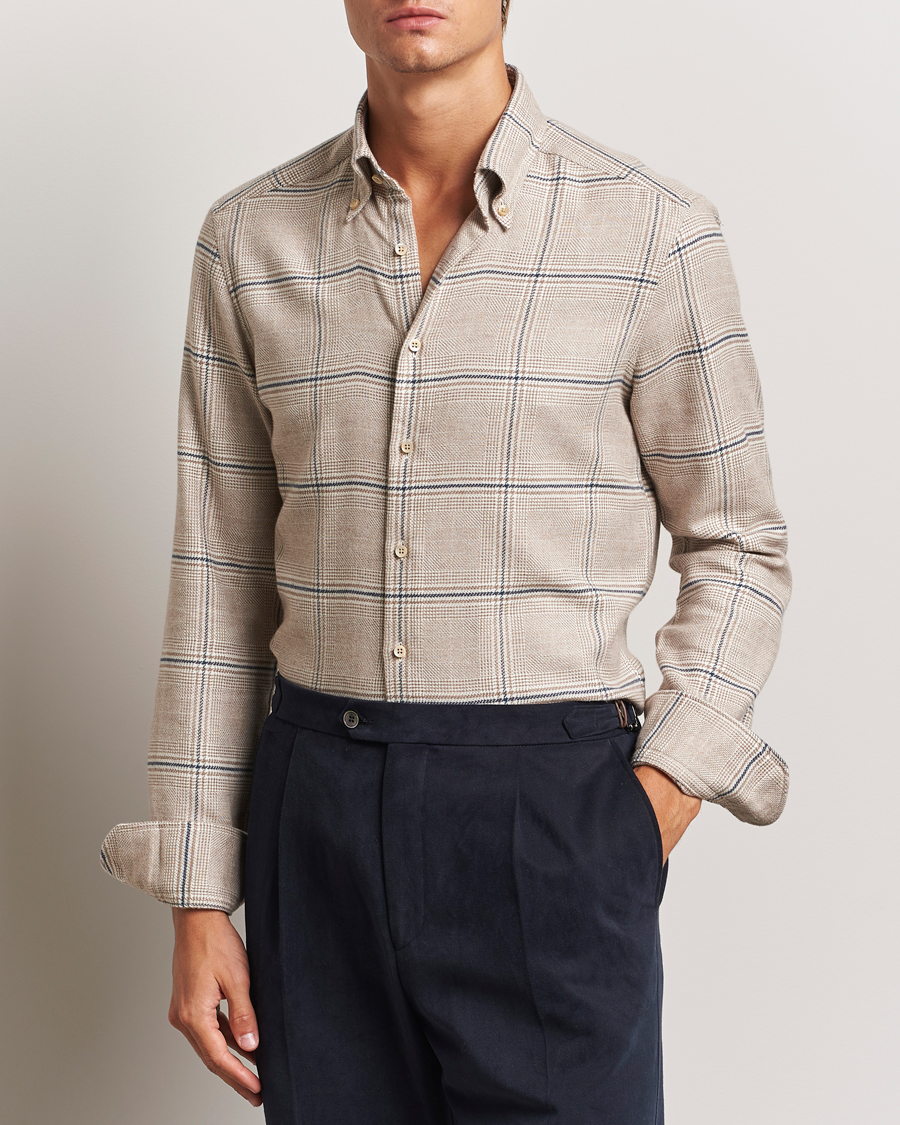 Homme | Chemises | Stenströms | Slimline Flannel Overcheck Shirt Light Brown