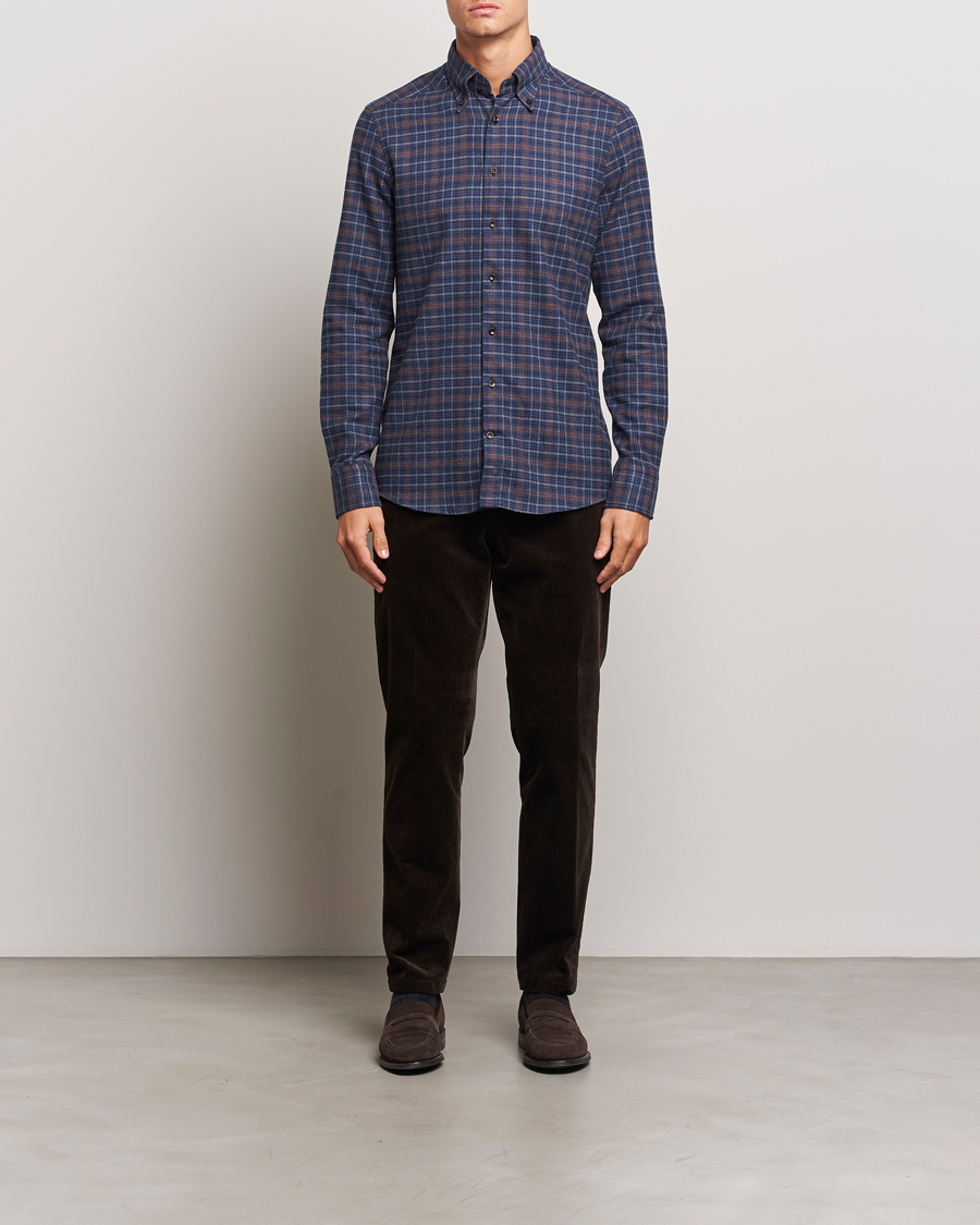 Homme | Chemises | Stenströms | Slimline Small Check Flannel Shirt Dark Blue