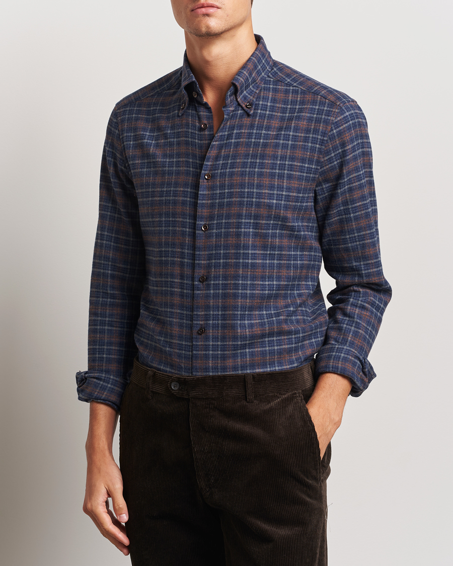 Homme | Chemises | Stenströms | Slimline Small Check Flannel Shirt Dark Blue