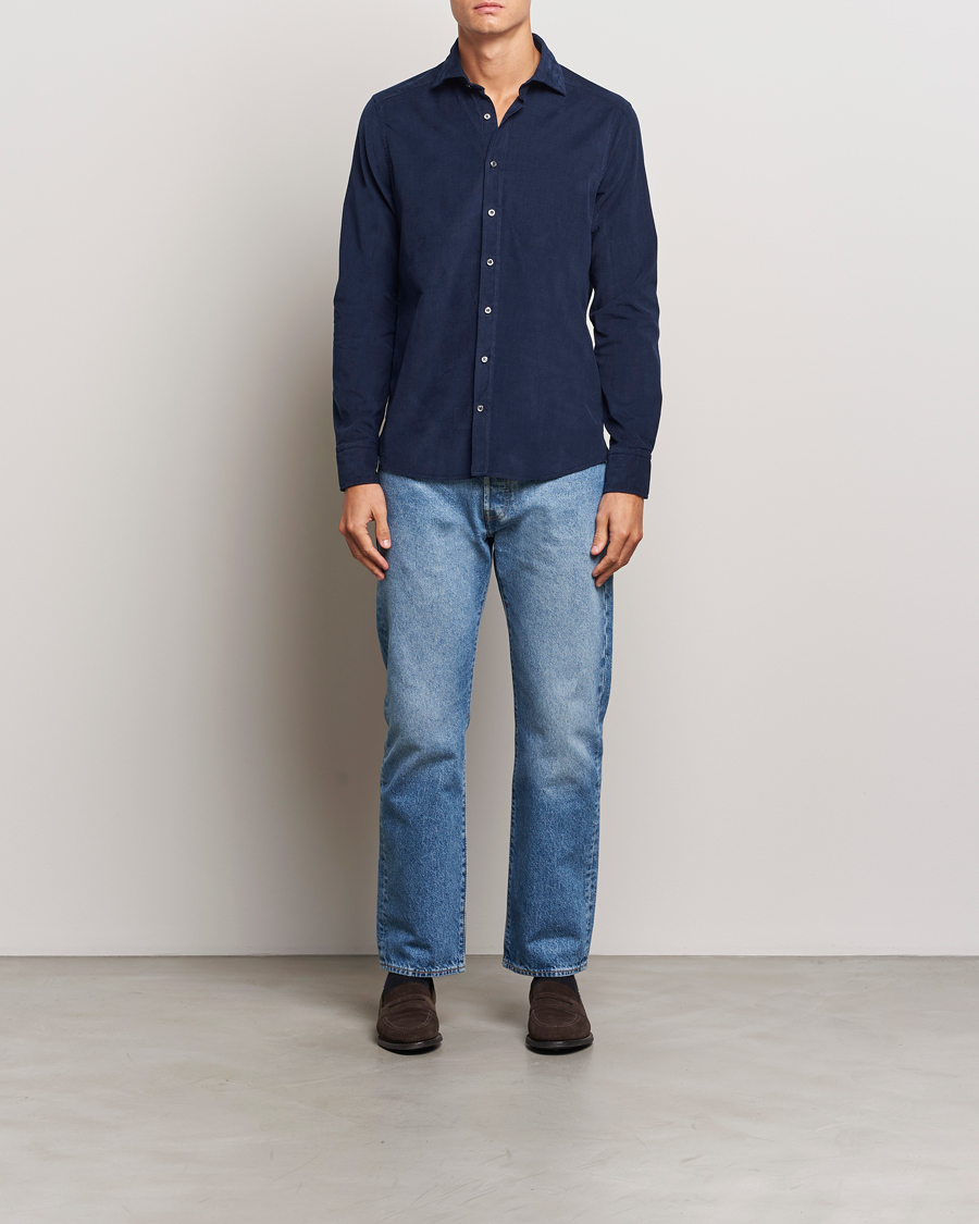 Homme | Chemises | Stenströms | Slimline Cut Away Cord Shirt Blue