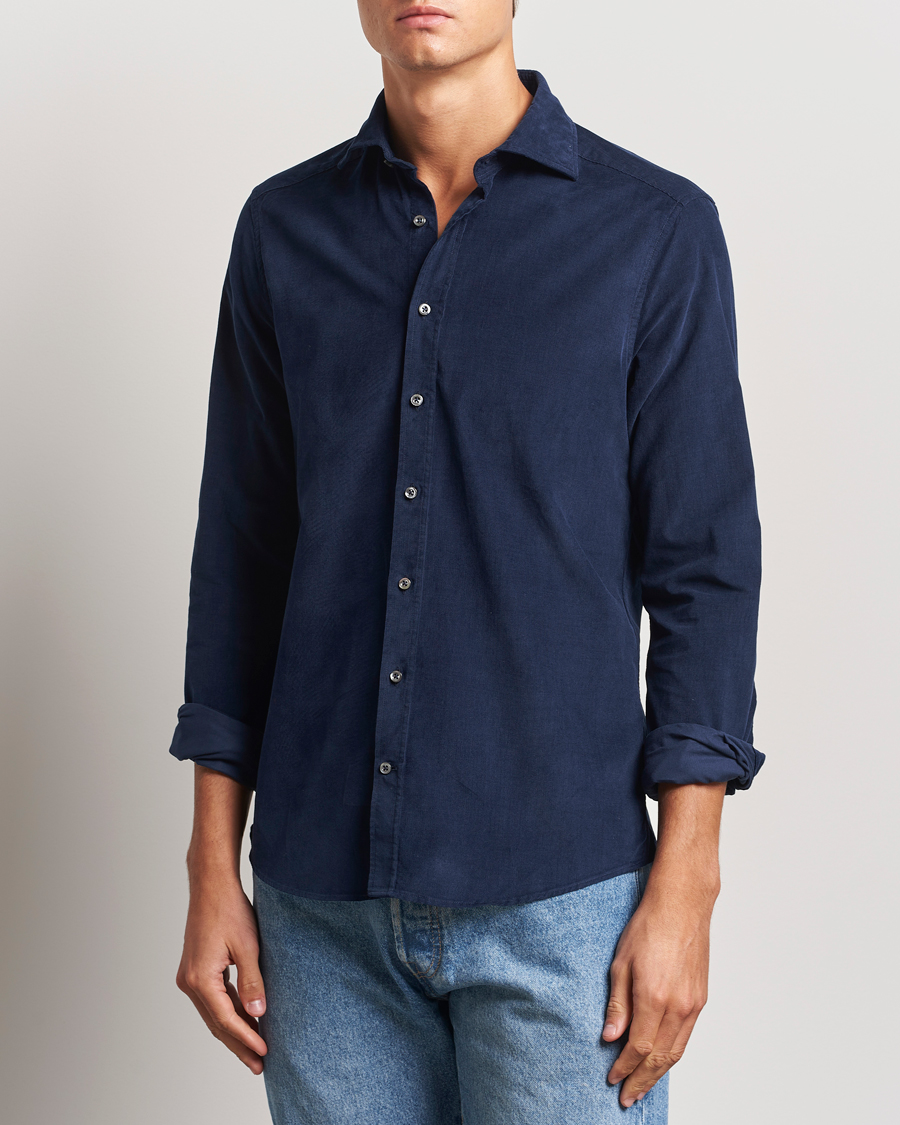 Homme | Chemises | Stenströms | Slimline Cut Away Cord Shirt Blue