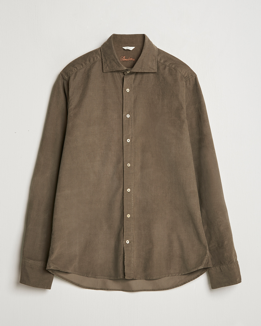 Homme | Chemises | Stenströms | Slimline Cut Away Cord Shirt Dark Green