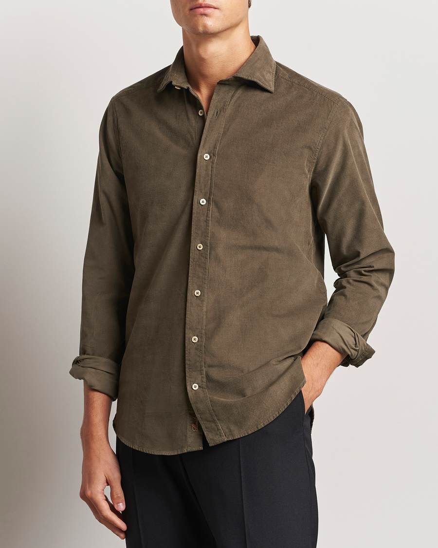 Homme | Chemises | Stenströms | Slimline Cut Away Cord Shirt Dark Green