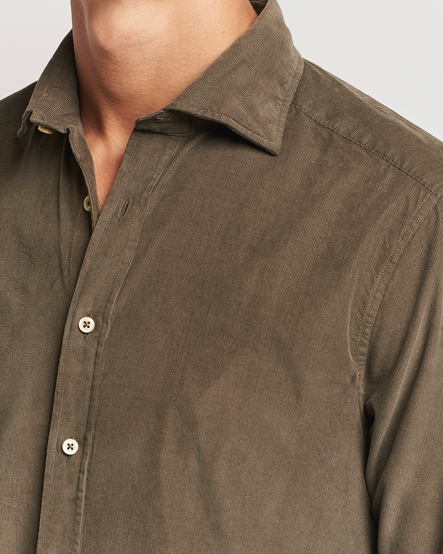 Homme | Chemises | Stenströms | Slimline Cut Away Cord Shirt Dark Green