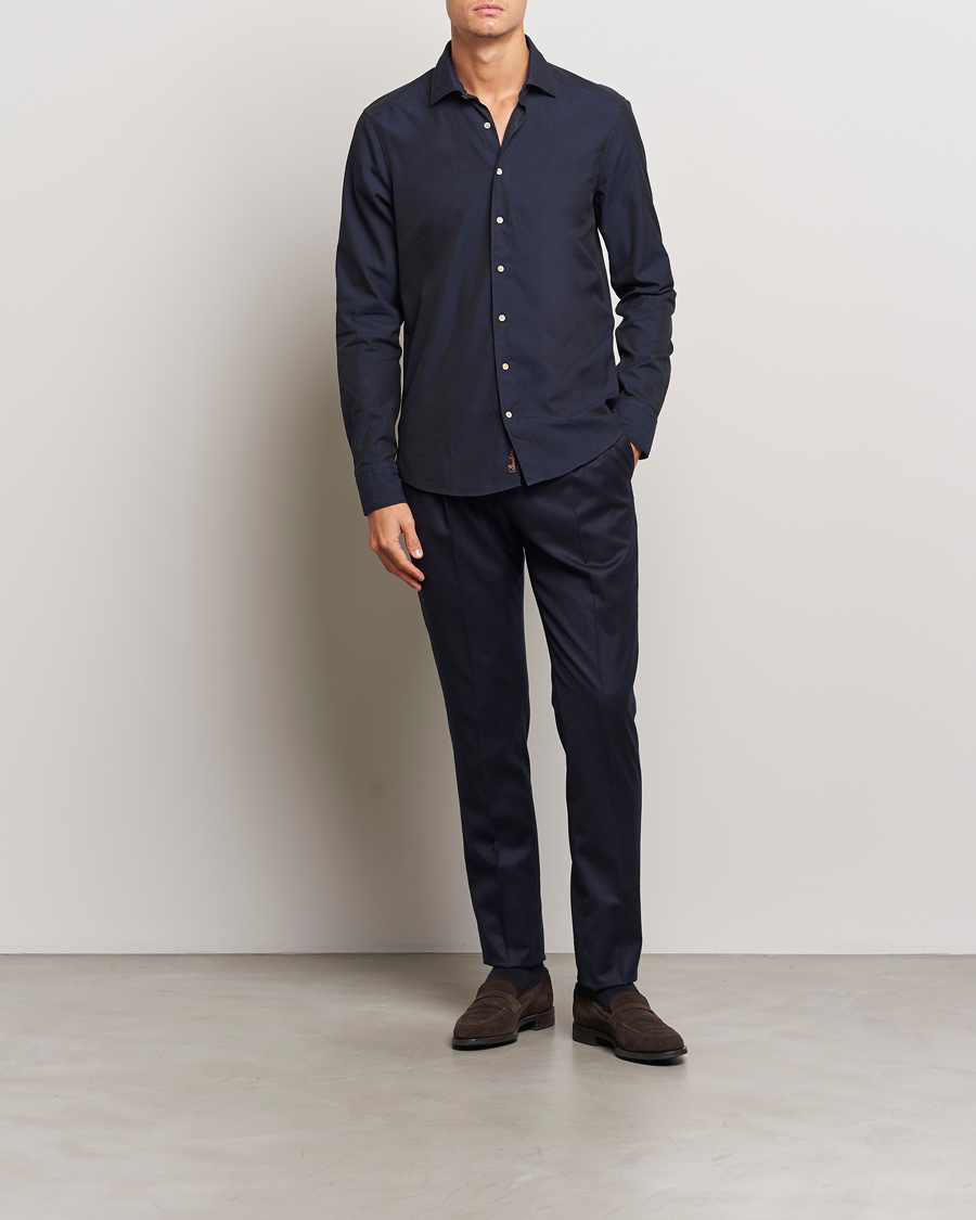 Homme | Chemises | Stenströms | Slimline Cut Away Washed Twill Shirt Navy